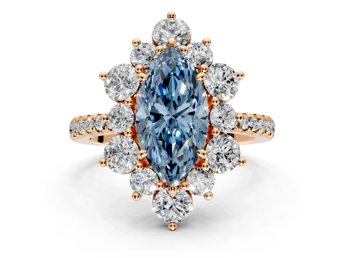 Floral Halo Engagement Ring Setting for Fancy Blue Marquise Center with Pave Accents and Prong Head in Rose Gold