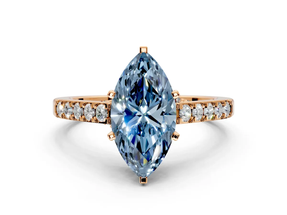 Solitaire Engagement Ring Setting for Fancy Blue Marquise Center with Crossover Accents and Prong Head in Rose Gold