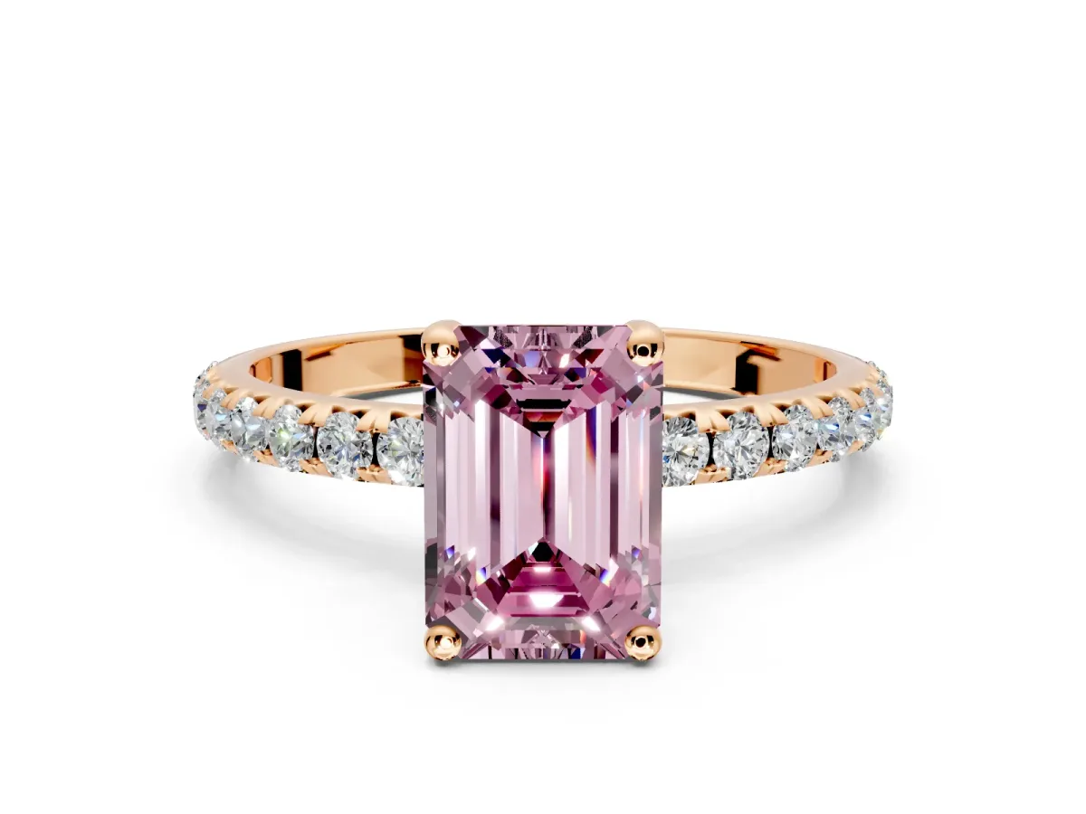 Solitaire Engagement Ring Setting for Fancy Pink Emerald Cut Center with Micro Pave Band and Prong Head in Rose Gold