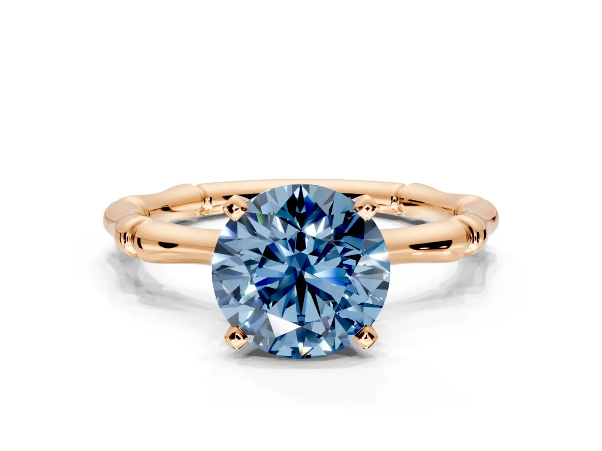 Solitaire Engagement Ring Setting for Fancy Blue Round Cut Center with Bamboo Band and Prong Head in Rose Gold