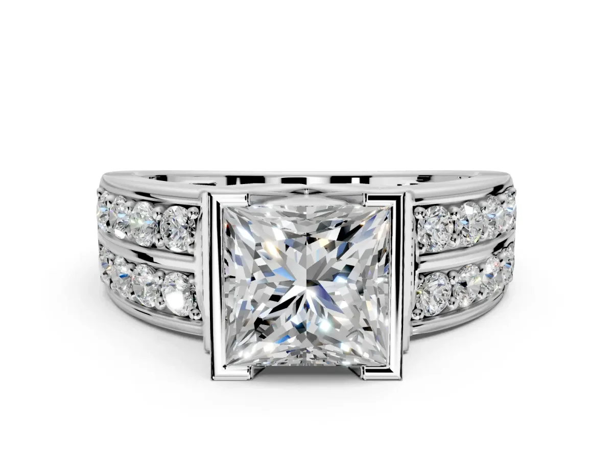Bezel Engagement Ring Setting for Princess Cut Center with Wide Channel-Set Band and Bezel Head in Platinum