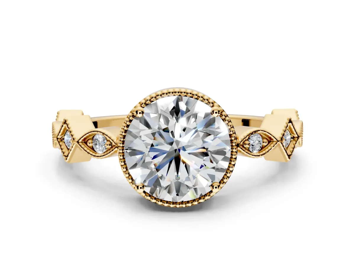 Milgrain Bezel Engagement Ring Setting for Round Cut Center with Marquise Stations and Bezel Head in Yellow Gold