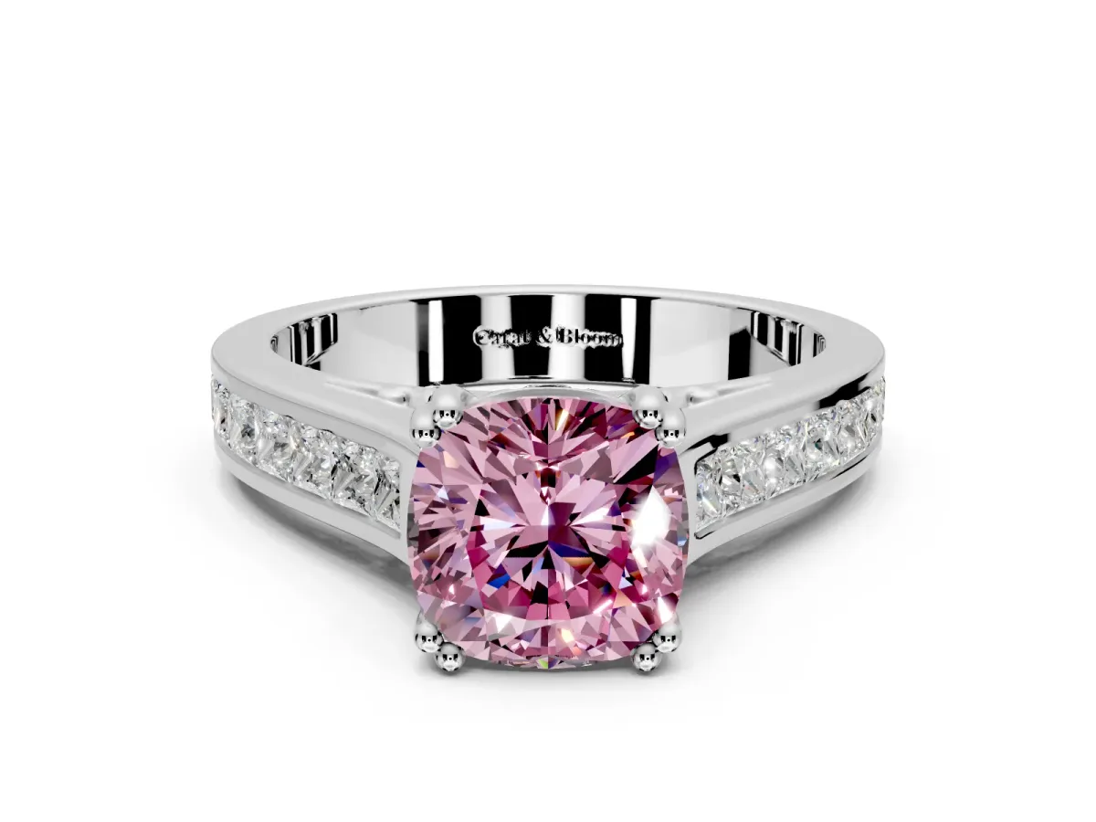 Solitaire Engagement Ring Setting for Fancy Pink Cushion Cut Center with Channel Band and Double Claw Prong Head in Platinum