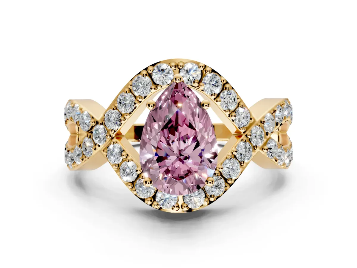 Halo Engagement Ring Setting for Fancy Pink Pear-Shaped Center with Pave Infinity Twist Band and Prong Head in Yellow Gold