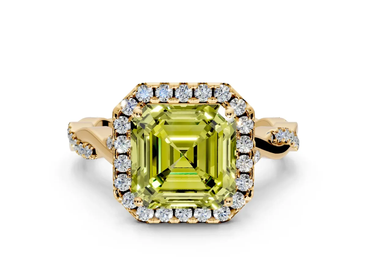Halo Engagement Ring Setting for Fancy Yellow Asscher Cut Center with Twist Band and Prong Head in Yellow Gold