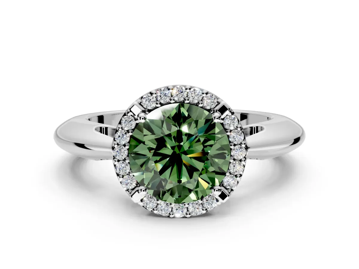 Halo Engagement Ring Setting for Fancy Green Round Cut Center with Tapered Plain Band and Prong Head in Sterling Silver