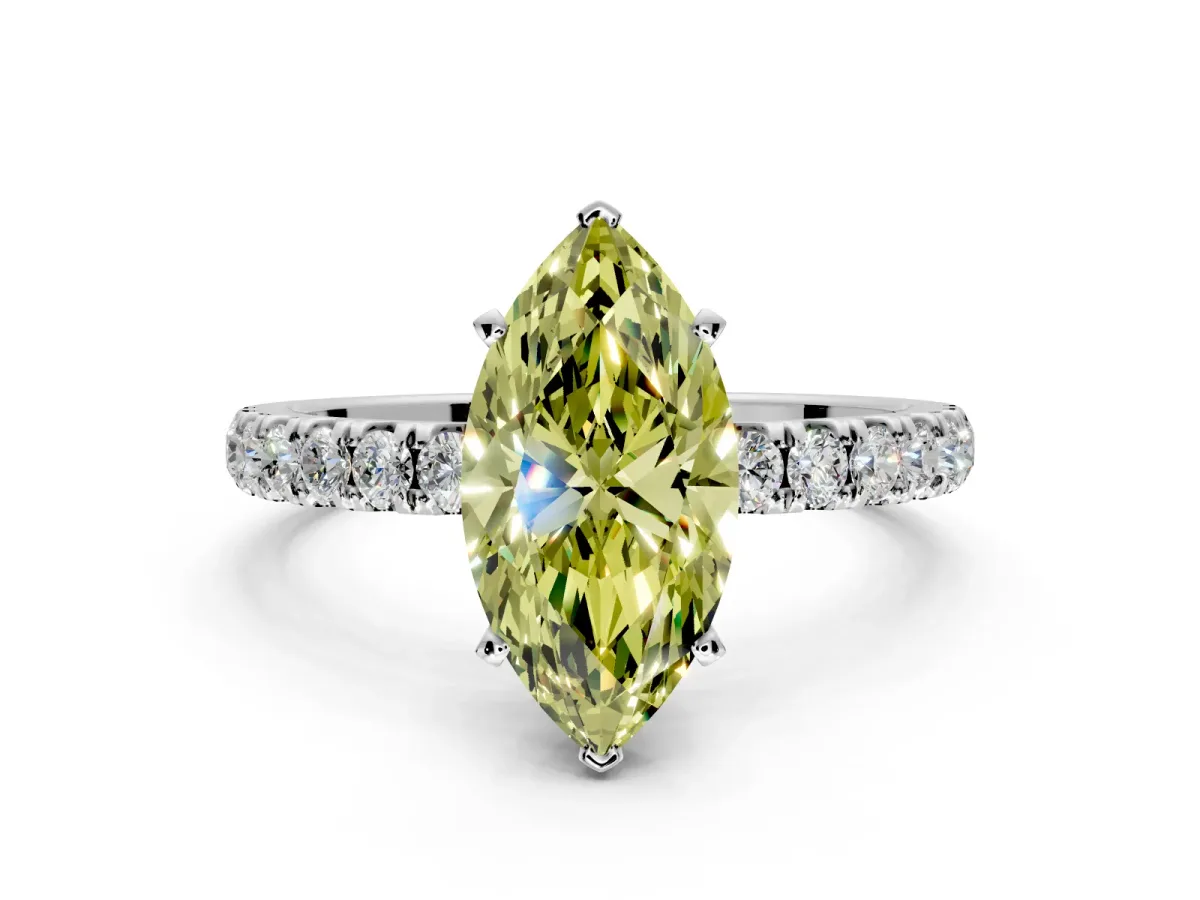 Open Basket Engagement Ring Setting for Fancy Yellow Marquise Center with Pave Band and Prong Head in Platinum