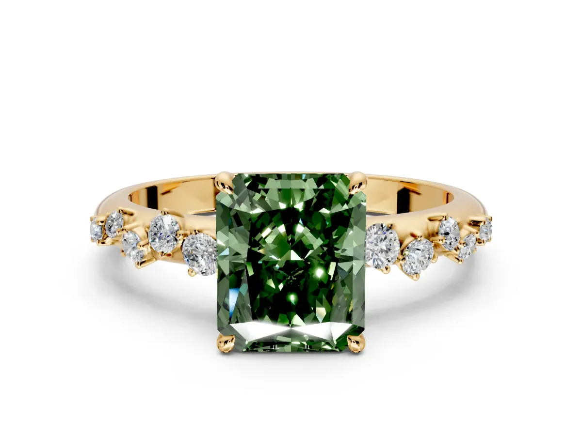 Cluster Engagement Ring Setting for Fancy Green Radiant Cut Center with Round Cut Accent Band and Prong Head in Yellow Gold