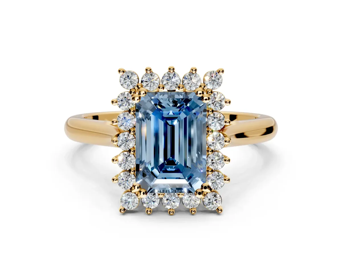 Starburst Halo Engagement Ring Setting for Fancy Blue Emerald Cut Center with Thin Round-Wire Band and Prong Head in Yellow Gold