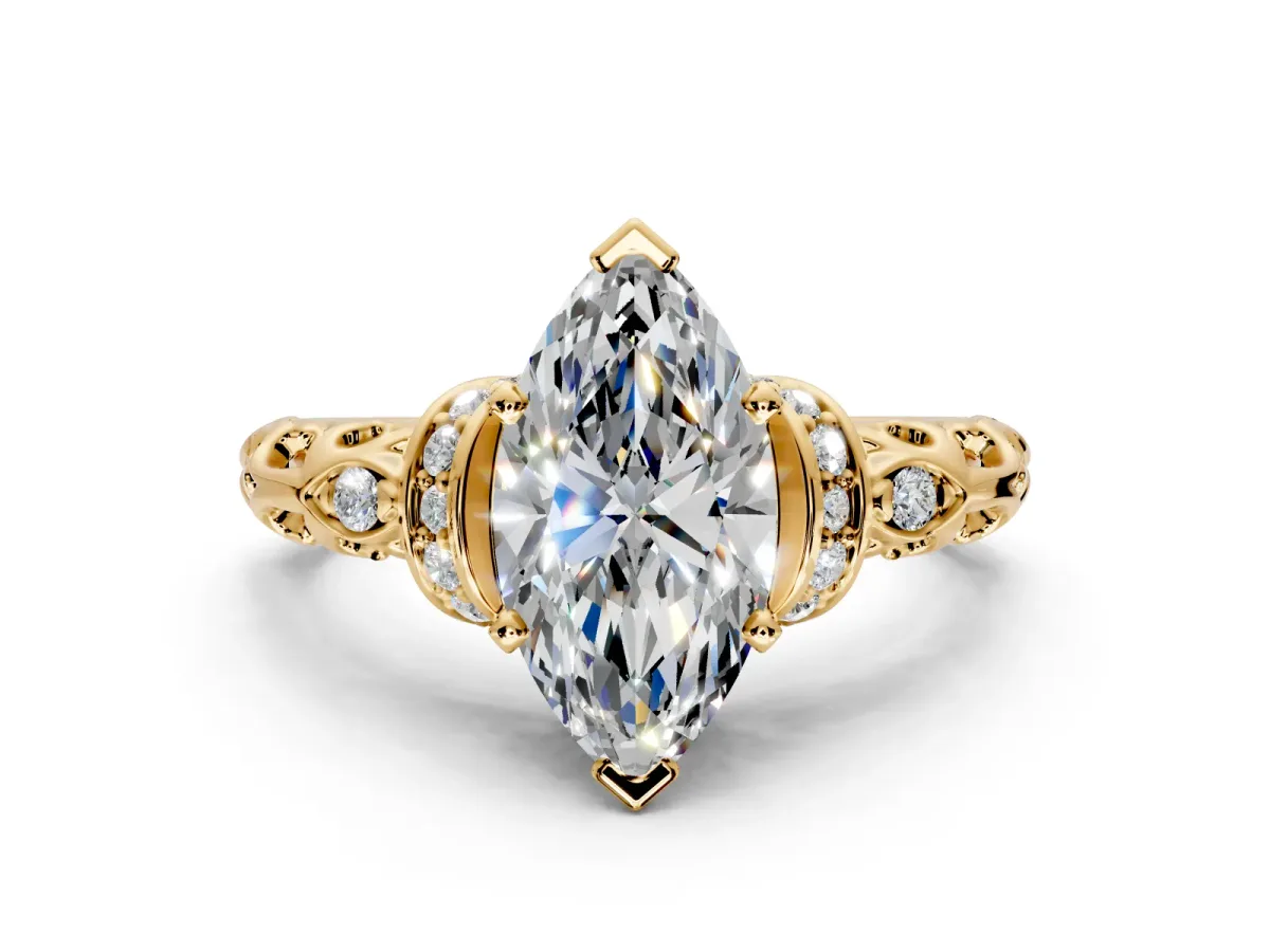 Solitaire Engagement Ring Setting for Marquise Center with Filigree Band and Prong Head in Yellow Gold