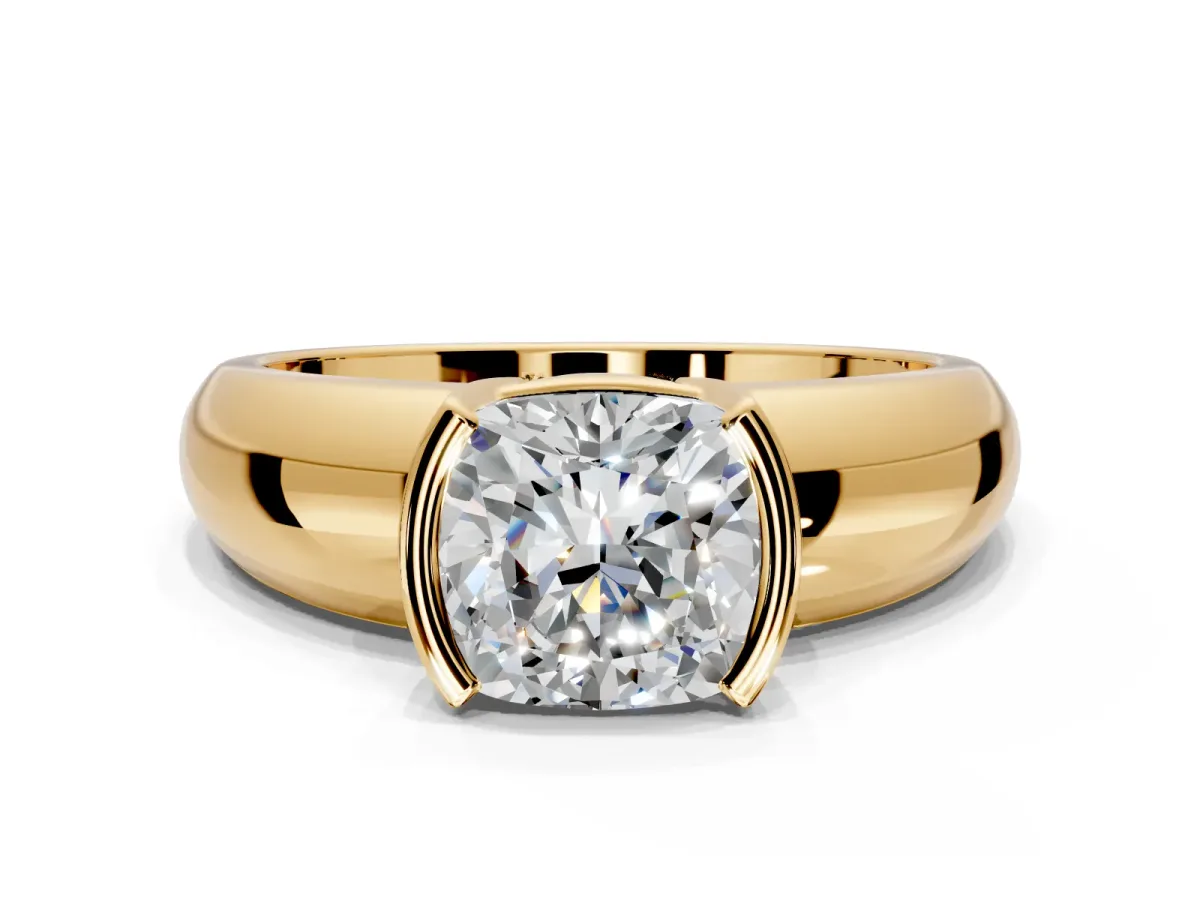 Tension Engagement Ring Setting for Cushion Cut Center with Wide Flat Band and Tension Head in Yellow Gold