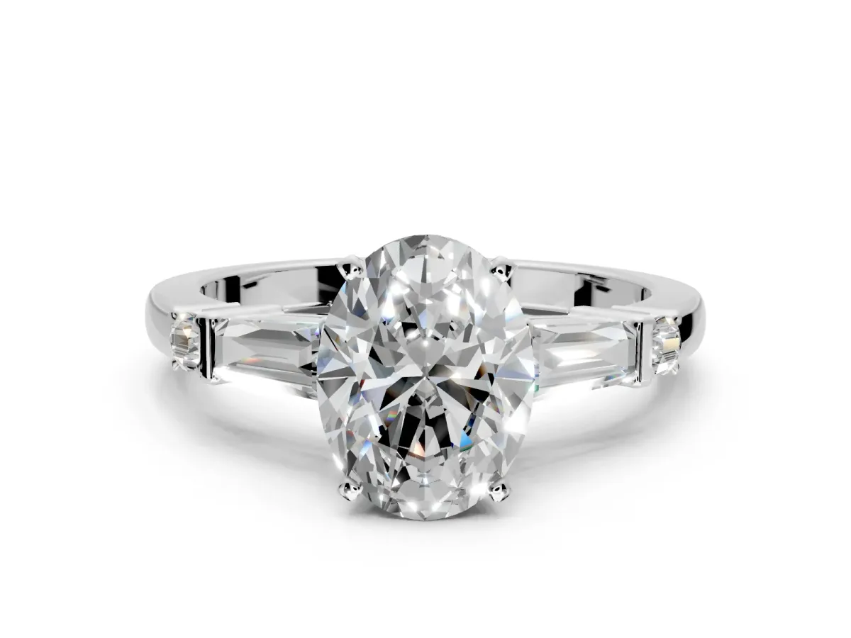 Bar-Set Engagement Ring Setting for Oval Center with Tapered Baguette Accents and Prong Head in Platinum