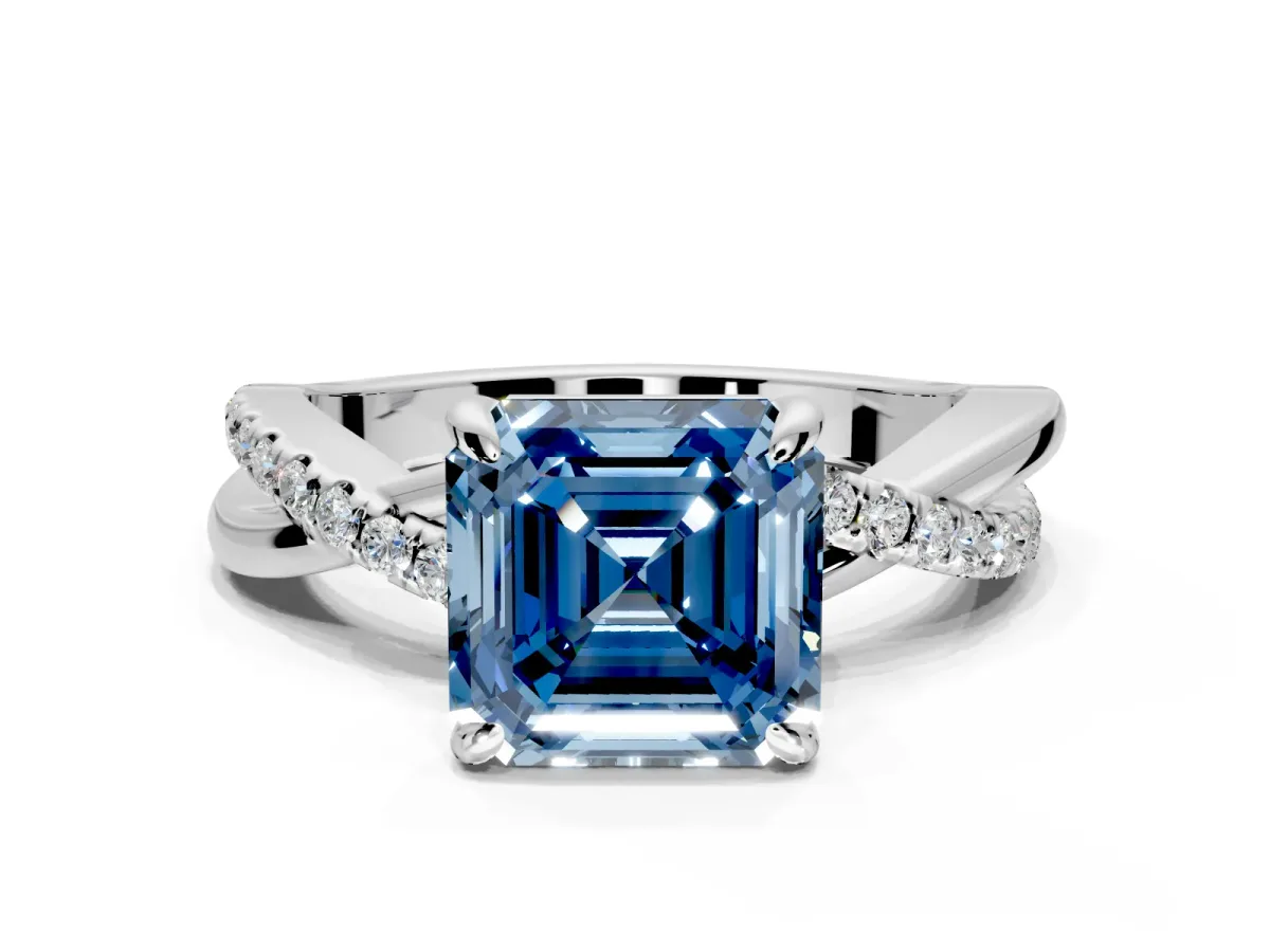 Solitaire Engagement Ring Setting for Fancy Blue Asscher Cut Center with Half-Pave Crossover Band and Prong Head in White Gold