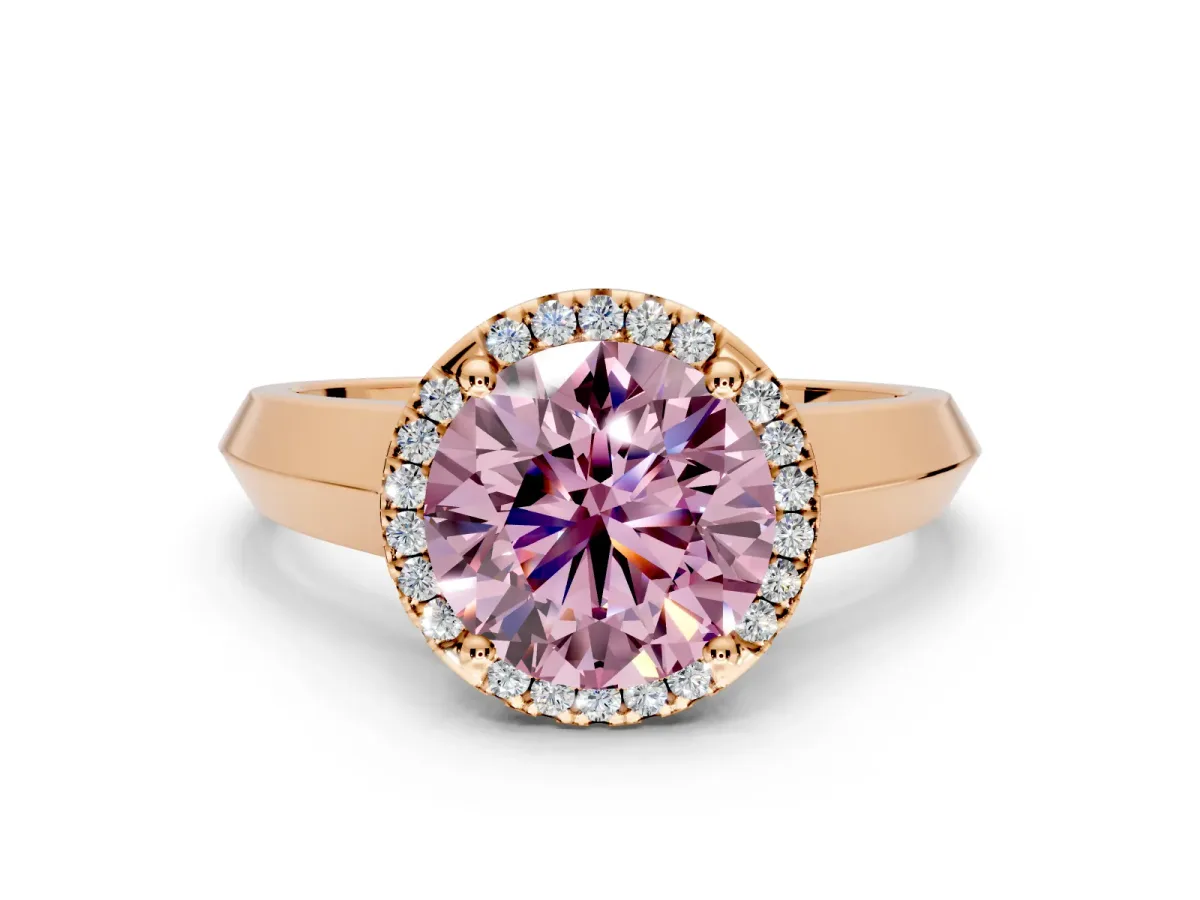 Halo Engagement Ring Setting for Fancy Pink Round Cut Center with Knife Ridge Cathedral Band and Prong Head in Rose Gold
