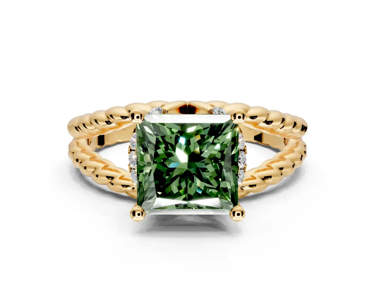 Halo Engagement Ring Setting for Fancy Green Princess Cut Center with Rope Twist Split Shank and Prong Head in Yellow Gold