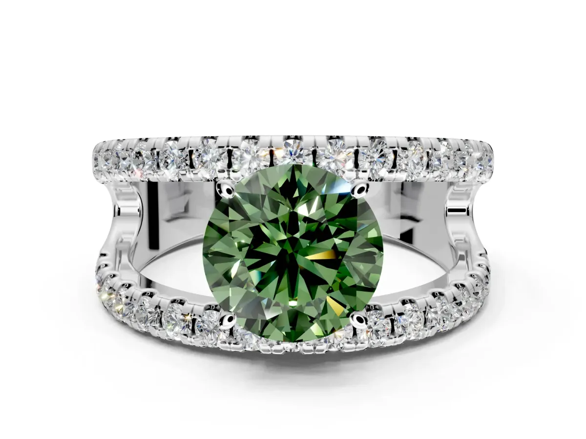 Solitaire Engagement Ring Setting for Fancy Green Round Cut Center with Wide-Open Split Shank and Prong Head in Platinum