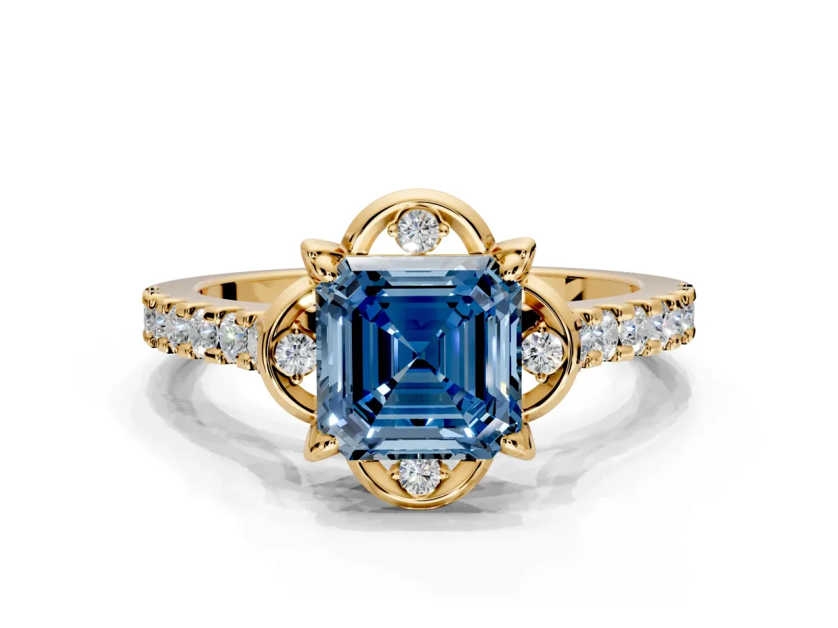 Floral Engagement Ring Setting for Fancy Blue Asscher Cut Center with Pave Band and Floral Prong Head in Yellow Gold
