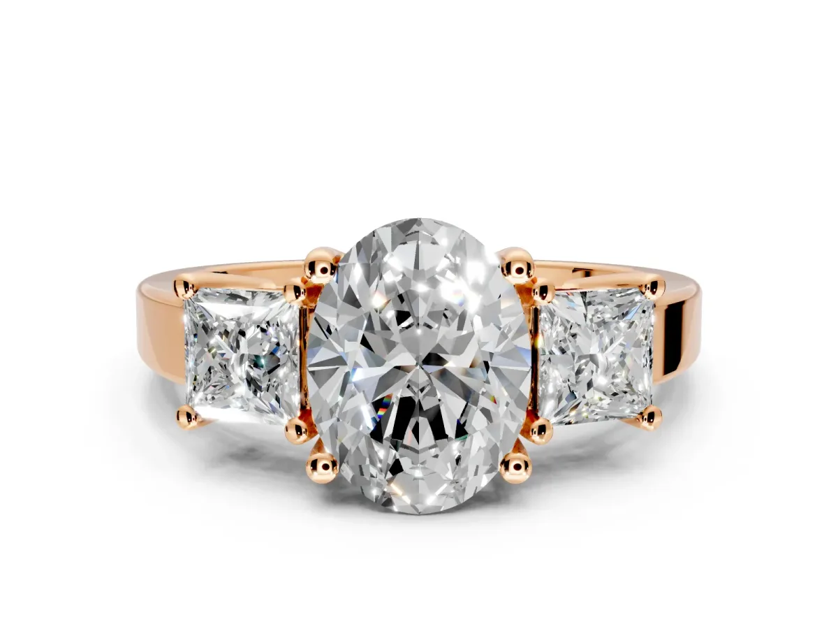 3 Stone Engagement Ring Setting for Oval Center with Matching Side Accents and Prong Head in Rose Gold