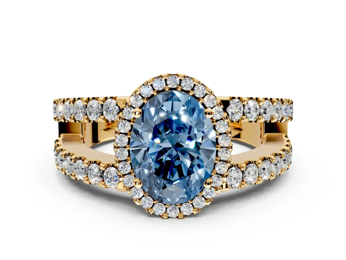 Halo Engagement Ring Setting for Fancy Blue Oval Center with Wide-Open Pave Split Shank and Prong Head in Yellow Gold