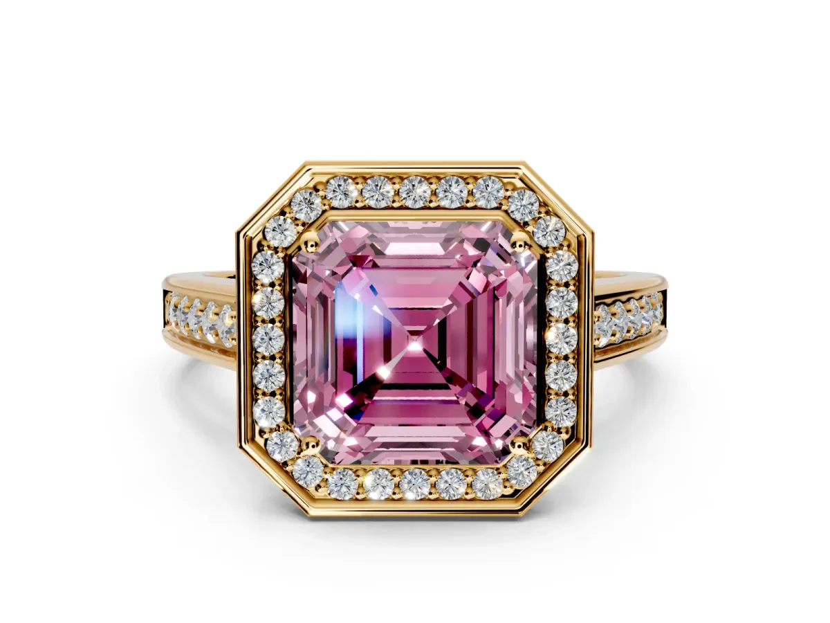 Halo Engagement Ring Setting for Fancy Pink Asscher Cut Center with Outer Bezel Rim, Pave Band and Prong Head in Yellow Gold