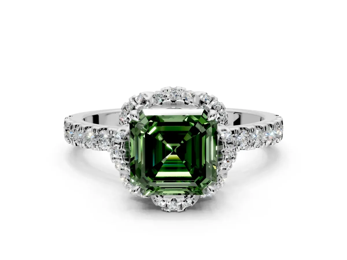 Halo Engagement Ring Setting for Fancy Green Asscher Cut Center with Openwork Halo, Pave Band and Prong Head in Sterling Silver