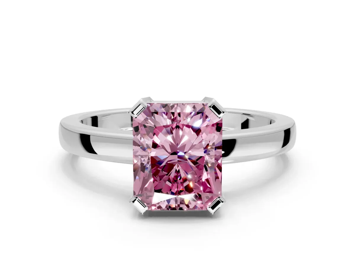 Solitaire Engagement Ring Setting for Fancy Pink Radiant Cut Center with Plain Band and Flat Tab Prong Head in Sterling Silver