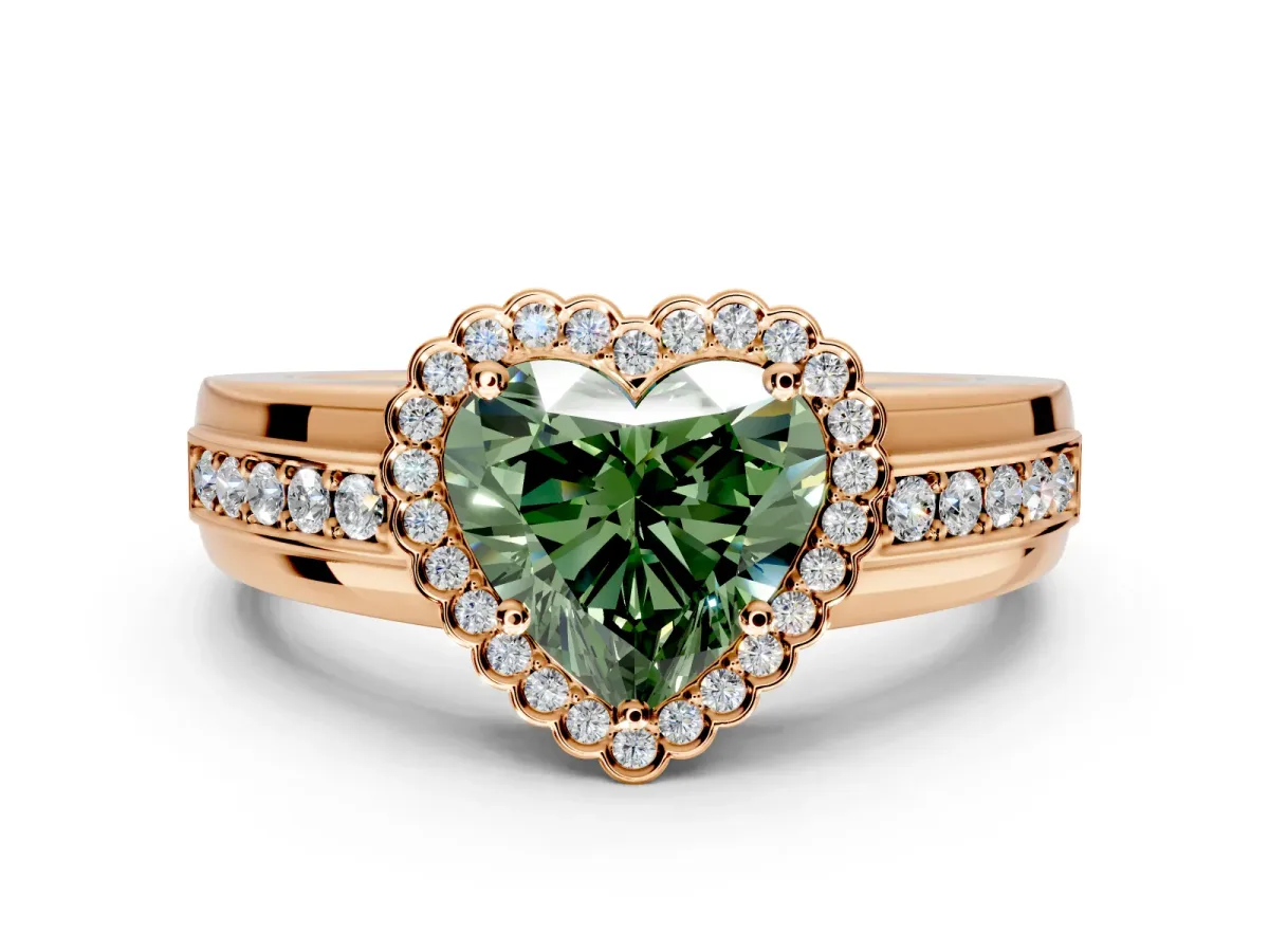 Halo Engagement Ring Setting for Fancy Green Heart-Shaped Center with Wide Band, Inlaid Accent Row and Prong Head in Rose Gold