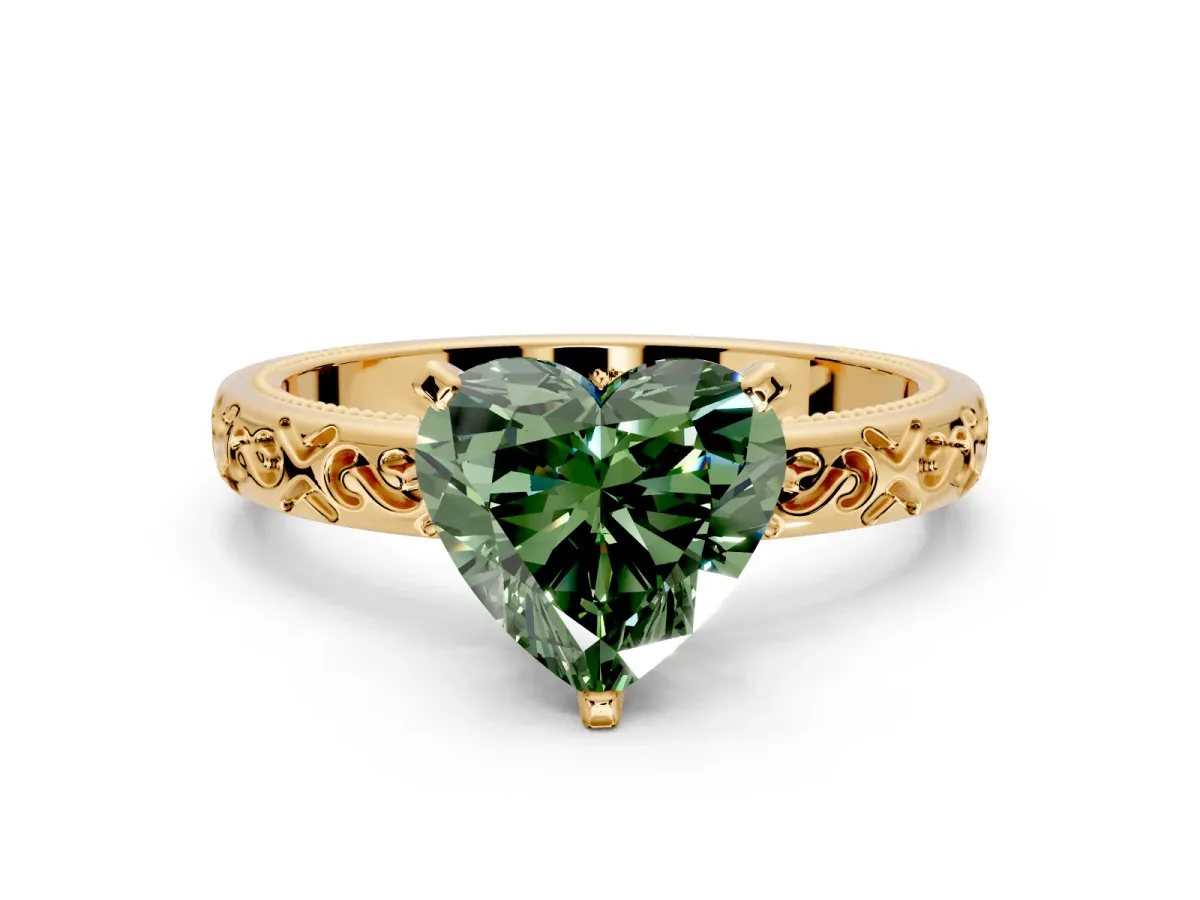 Solitaire Engagement Ring Setting for Fancy Green Heart-Shaped Center with Scrollwork Band and Prong Head in Yellow Gold