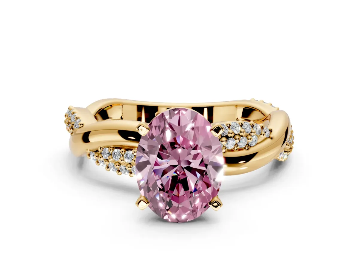 Solitaire Engagement Ring Setting for Fancy Pink Oval Center with Pave and Plain Crossover and Basket Head in Yellow Gold