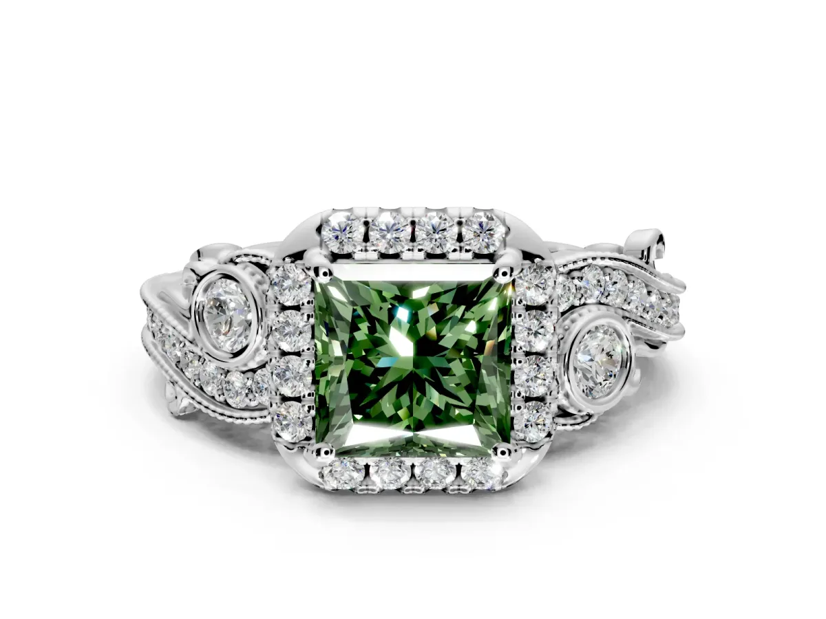 Bypass Halo Engagement Ring Setting for Fancy Green Princess Cut Center with Bezel Accents, Milgrain and Prong Head in Sterling Silver