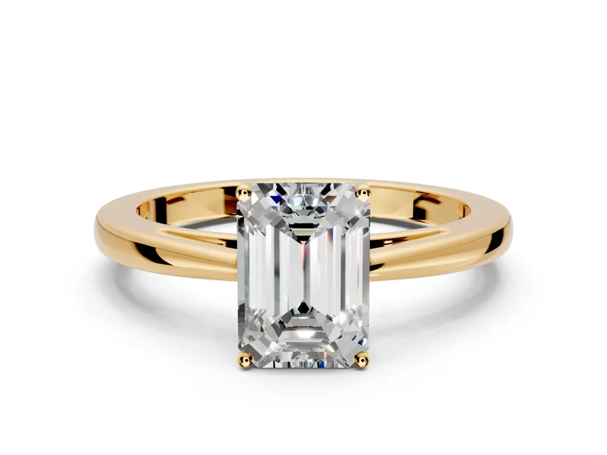 Solitaire Engagement Ring Setting for Emerald Cut Center with Open Cathedral Shoulders and Prong Head in Yellow Gold