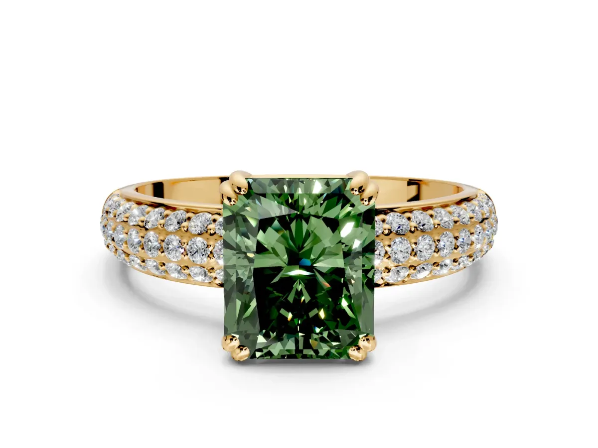 Solitaire Engagement Ring Setting for Fancy Green Radiant Cut Center with Multi-Row Pave Accents and Basket Head in Yellow Gold
