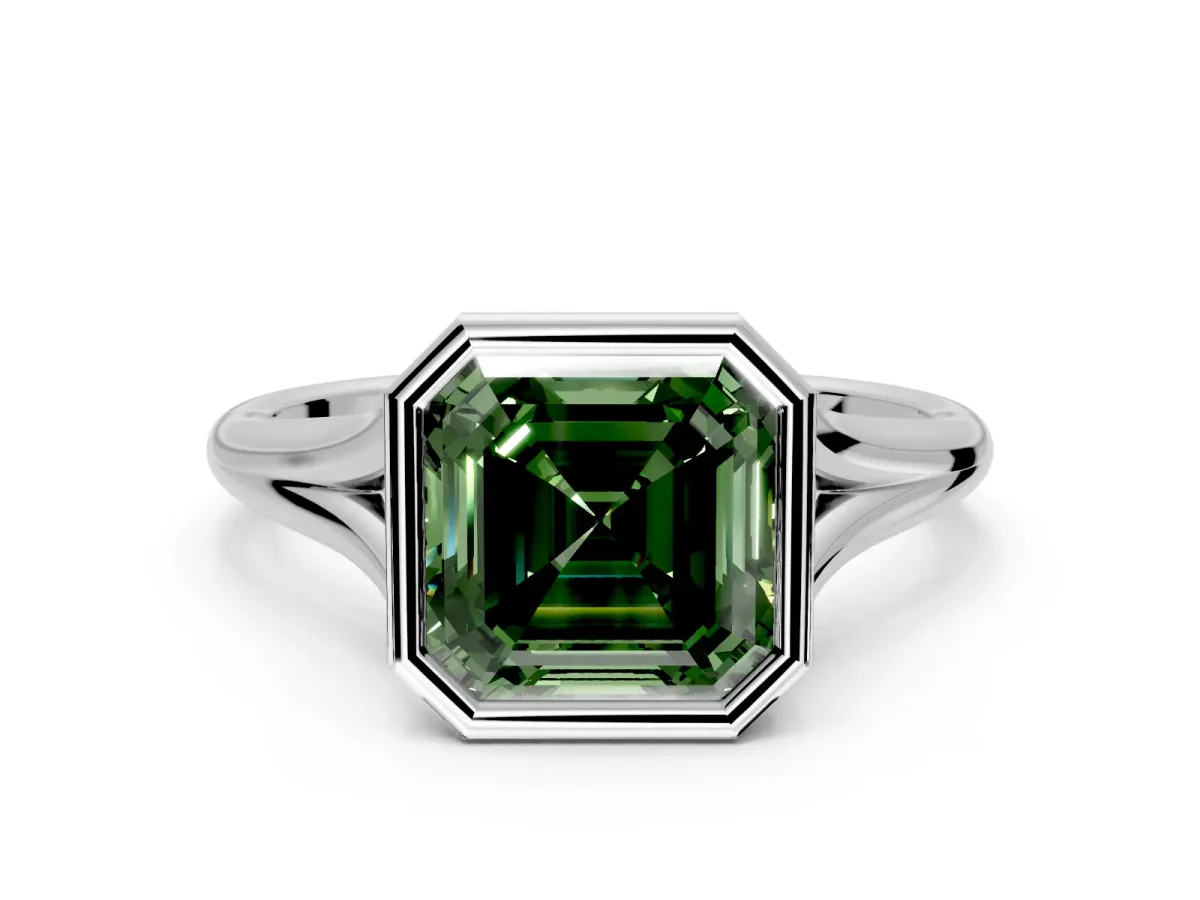 Solitaire Engagement Ring Setting for Fancy Green Asscher Cut Center with V Split Shank and Bezel Head in Sterling Silver