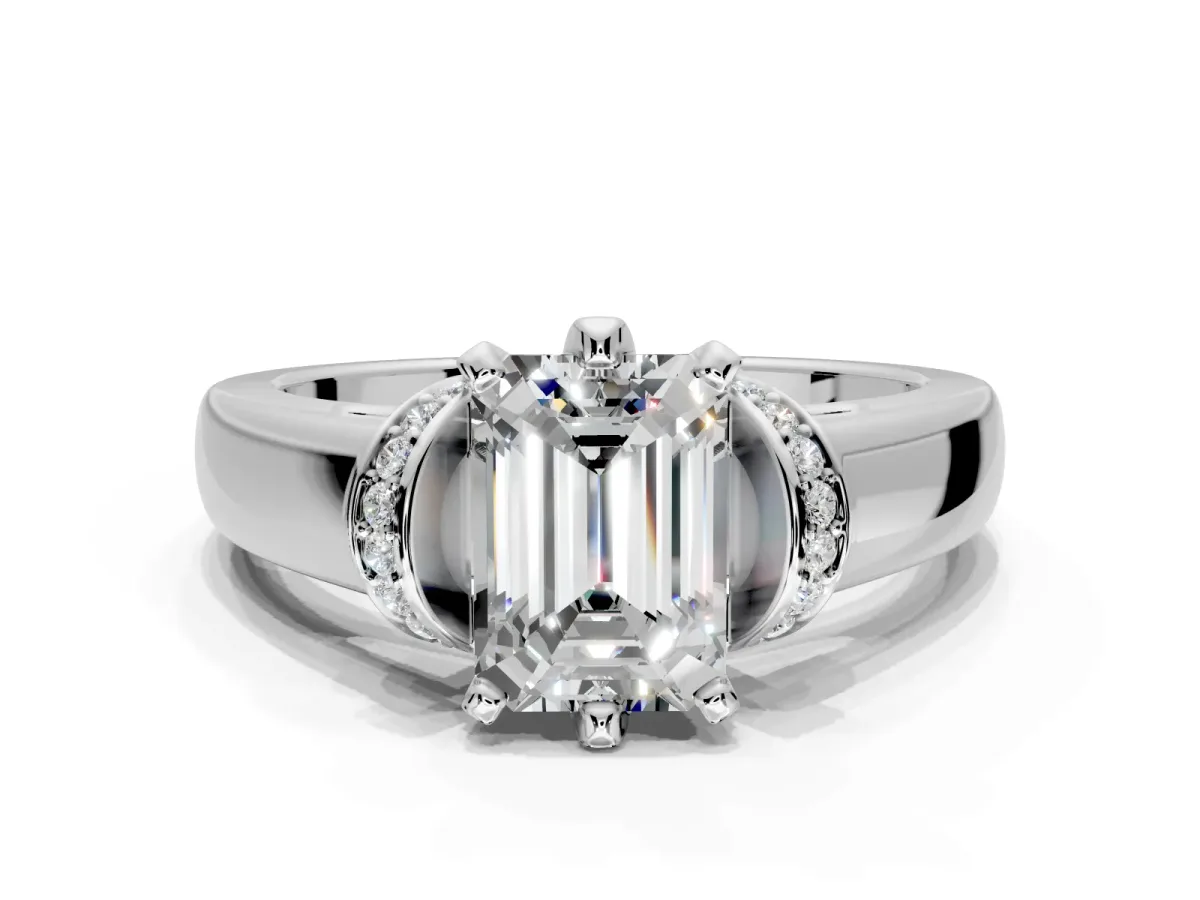 Solitaire Engagement Ring Setting for Emerald Cut Center with Wide Band, Pave Collar and Prong Head in Sterling Silver