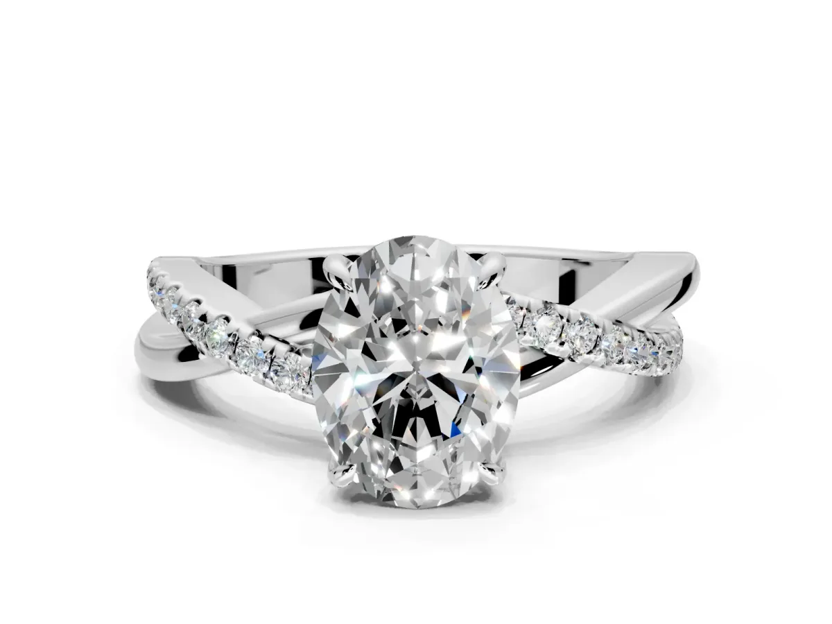 Crossover Engagement Ring Setting for Oval Center with Pave and Plain Strands and Prong Head in Platinum