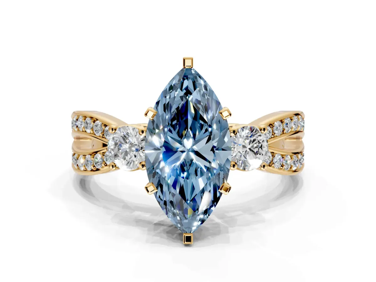 3 Stone Engagement Ring Setting for Fancy Blue Marquise Center with Pave Twist Band and Prong Head in Yellow Gold
