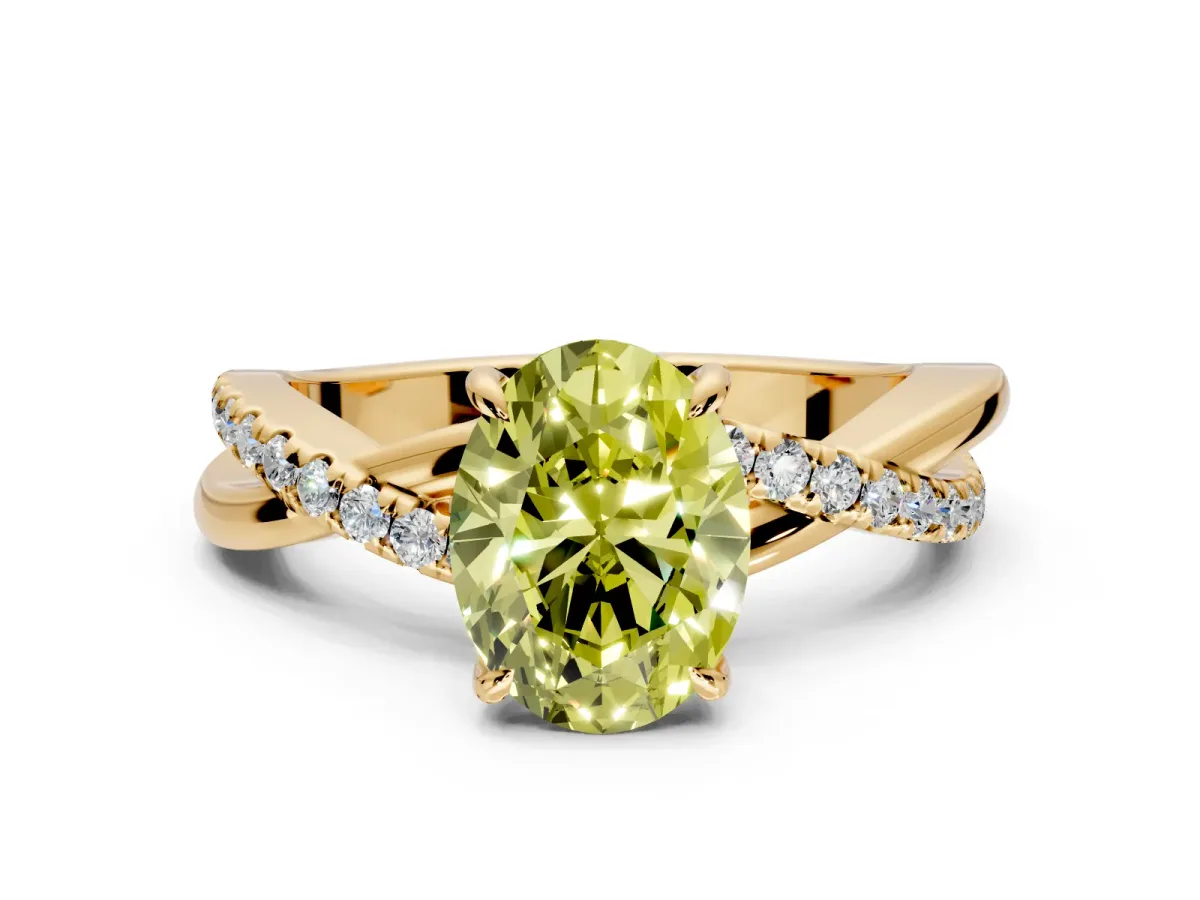Crossover Engagement Ring Setting for Fancy Yellow Oval Center with Pave and Plain Strands and Prong Head in Yellow Gold