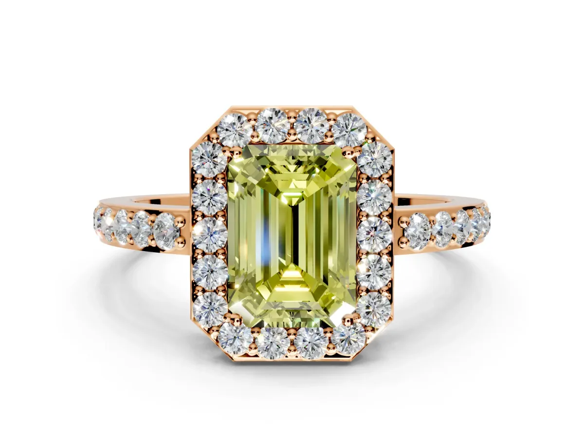 Halo Engagement Ring Setting for Fancy Yellow Emerald Cut Center with Heart-Shaped Openwork, Pave Band and Prong Head in Rose Gold