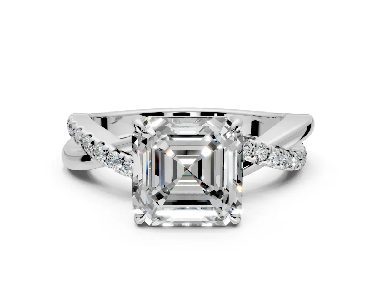 Crossover Engagement Ring Setting for Asscher Cut Center with Pave and Plain Strands and Prong Head in Sterling Silver