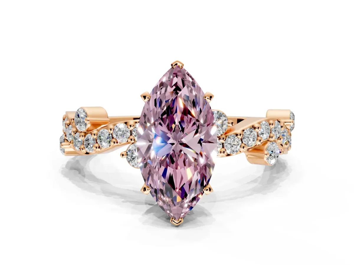 Solitaire Engagement Ring Setting for Fancy Pink Marquise Center with Bar-Station Pave Twist and Prong Head in Rose Gold