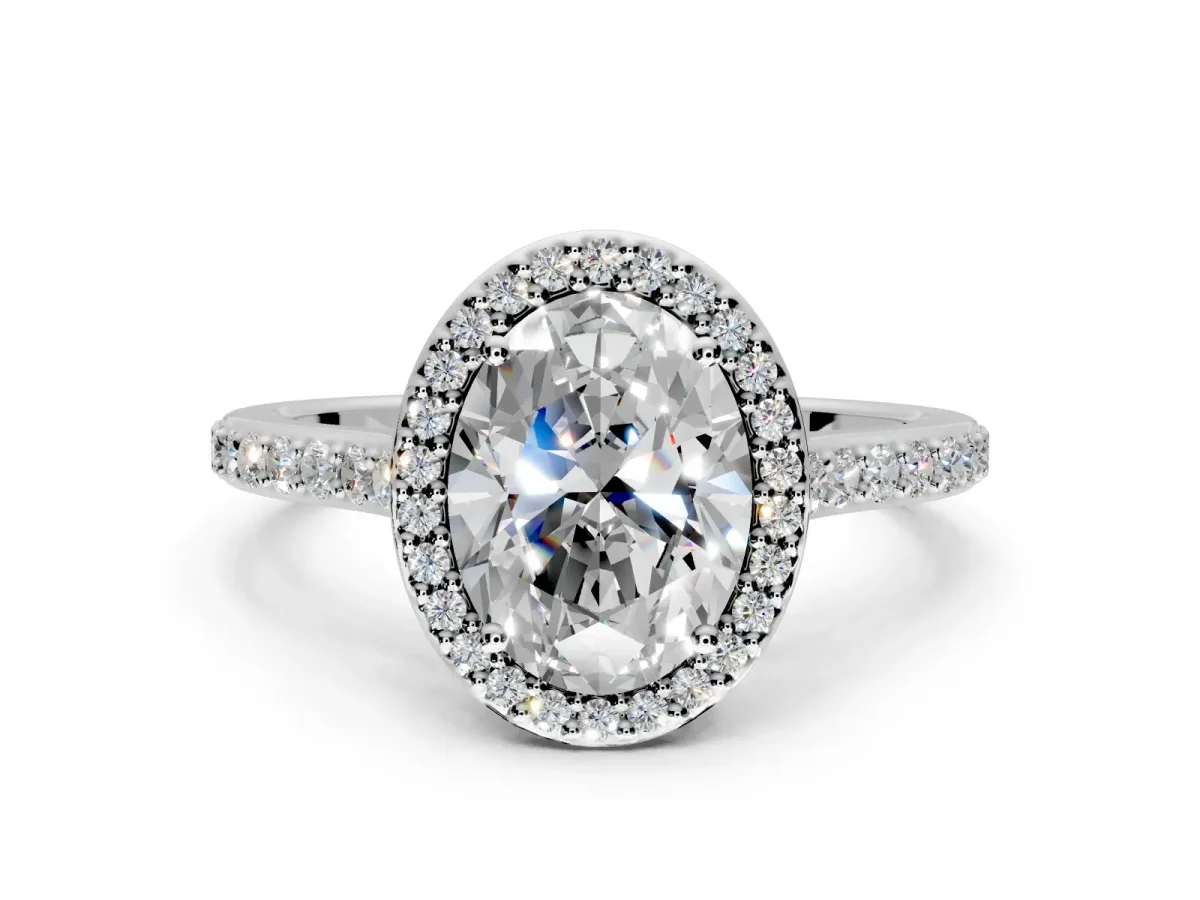 Halo Engagement Ring Setting for Oval Center with Pave Accents, Heart Basket and Prong Head in Platinum