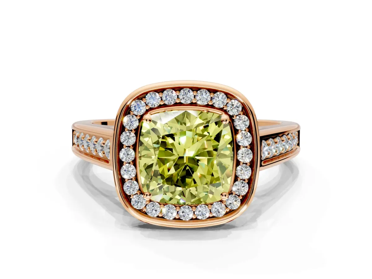 Halo Engagement Ring Setting for Fancy Yellow Cushion Cut Center with Outer Bezel Rim, Pave Band and Prong Head in Rose Gold