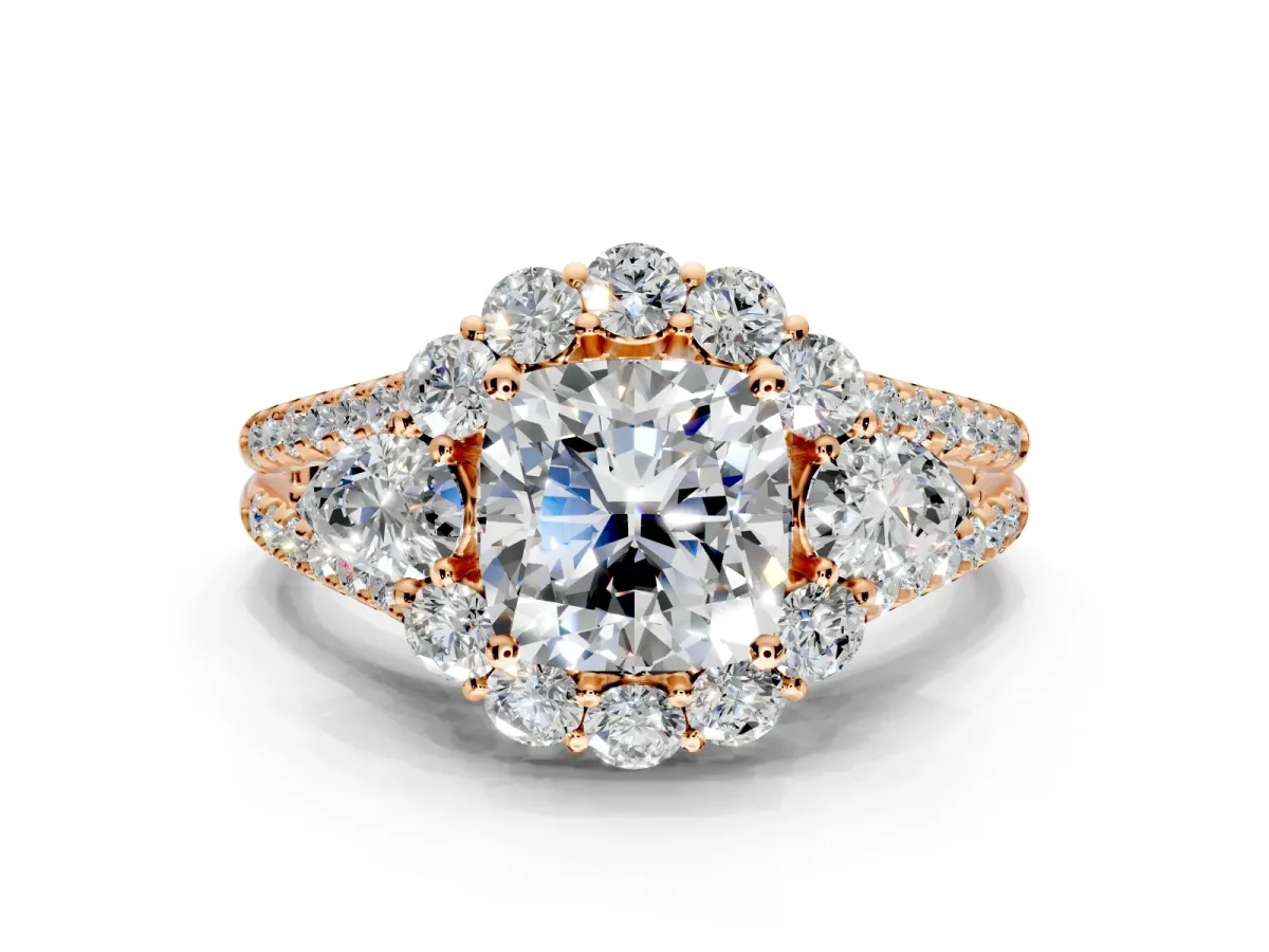 Halo Engagement Ring Setting for Cushion Cut Center with Two-Strand Split Shank and Prong Head in Rose Gold