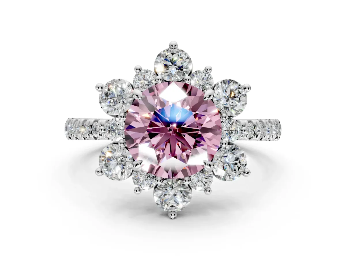 Floral Halo Engagement Ring Setting for Fancy Pink Round Cut Center with Pave Accents and Prong Head in White Gold