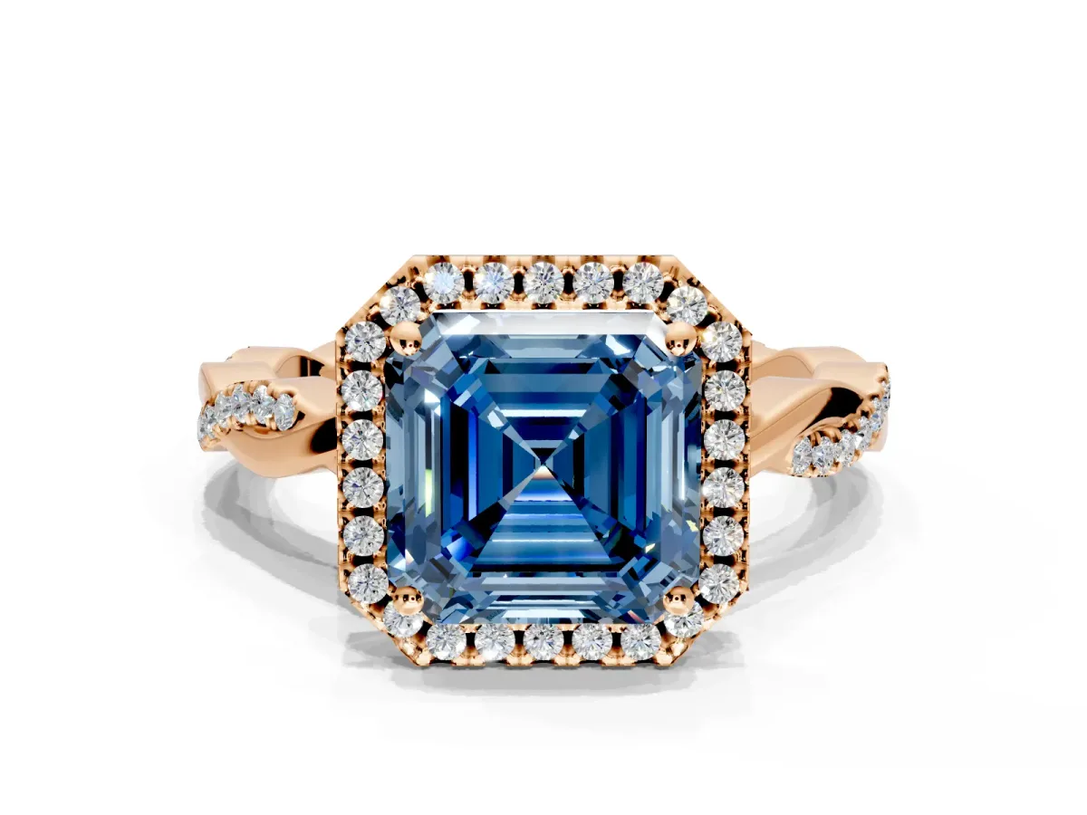 Halo Engagement Ring Setting for Fancy Blue Asscher Cut Center with Pave and Plain Twist Band and Prong Head in Rose Gold