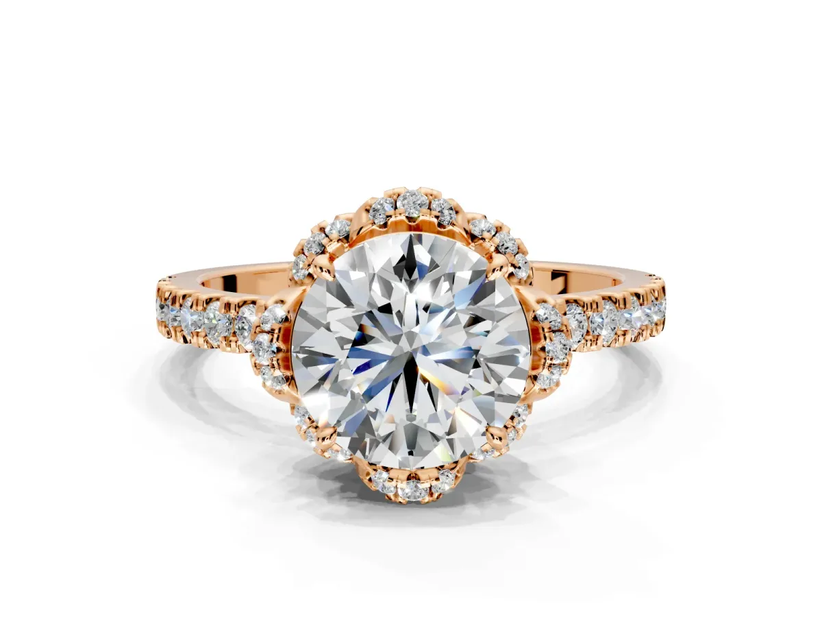 Halo Engagement Ring Setting for Round Cut Center with Openwork Halo, Pave Band and Prong Head in Rose Gold