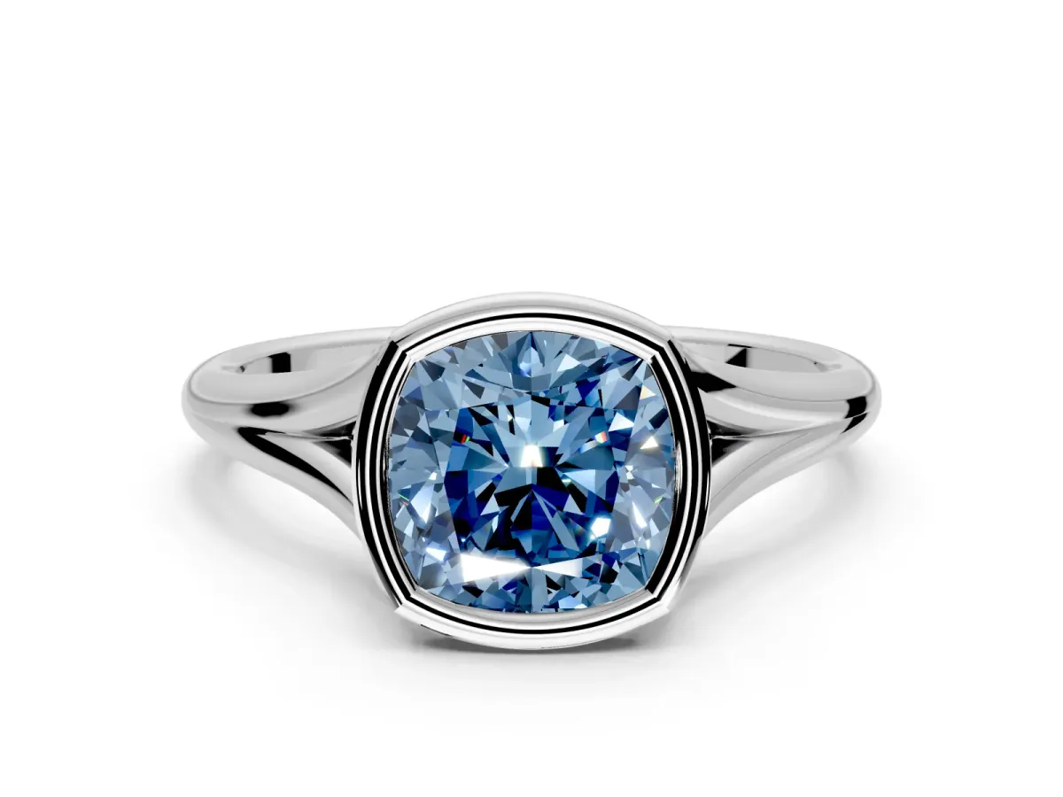 Solitaire Engagement Ring Setting for Fancy Blue Cushion Cut Center with V Split Shank and Bezel Head in White Gold