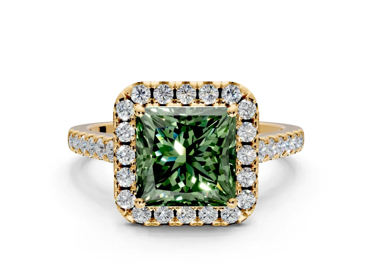 Halo Engagement Ring Setting for Fancy Green Princess Cut Center with Narrowing Pave Band and Prong Head in Yellow Gold