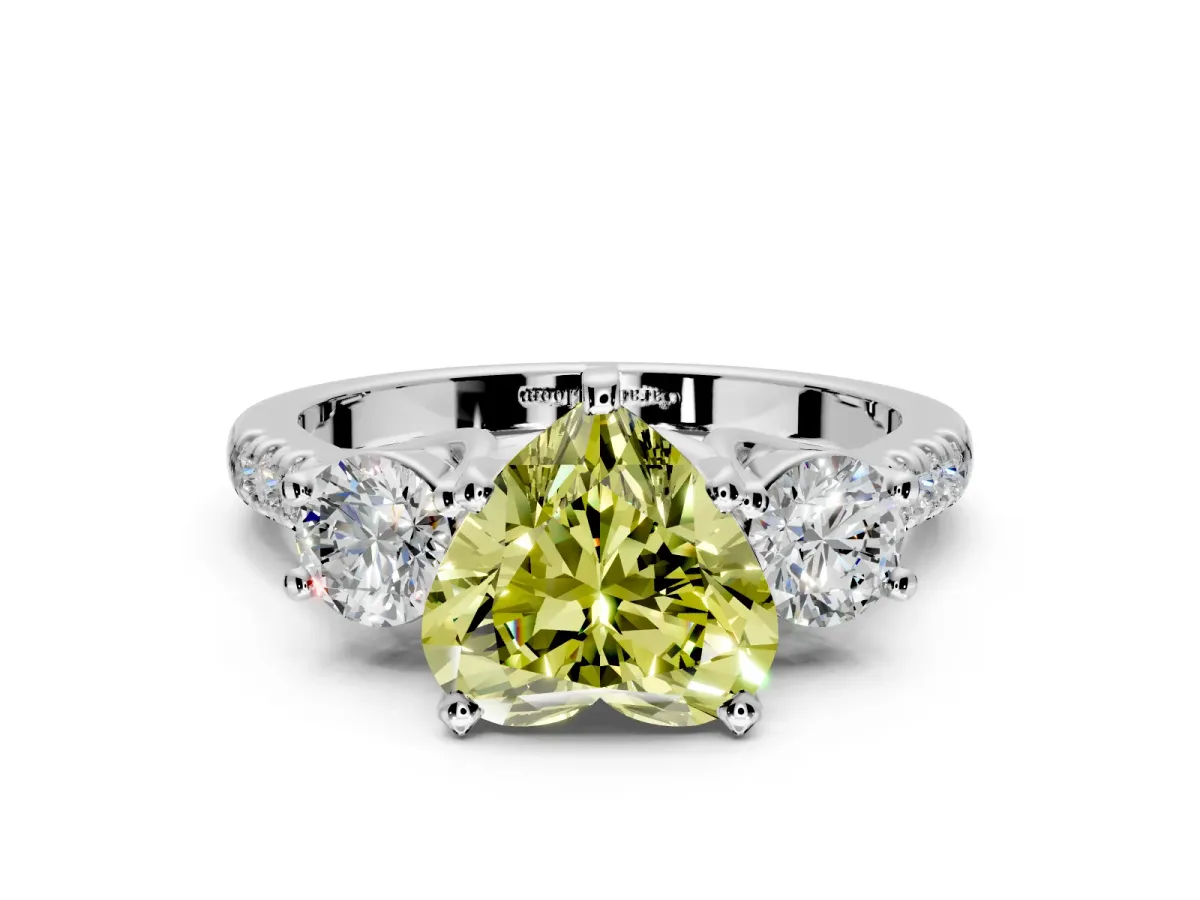 3 Stone Engagement Ring Setting for Fancy Yellow Heart-Shaped Center with Crossover Basket, Pave Band and Prong Head in White Gold