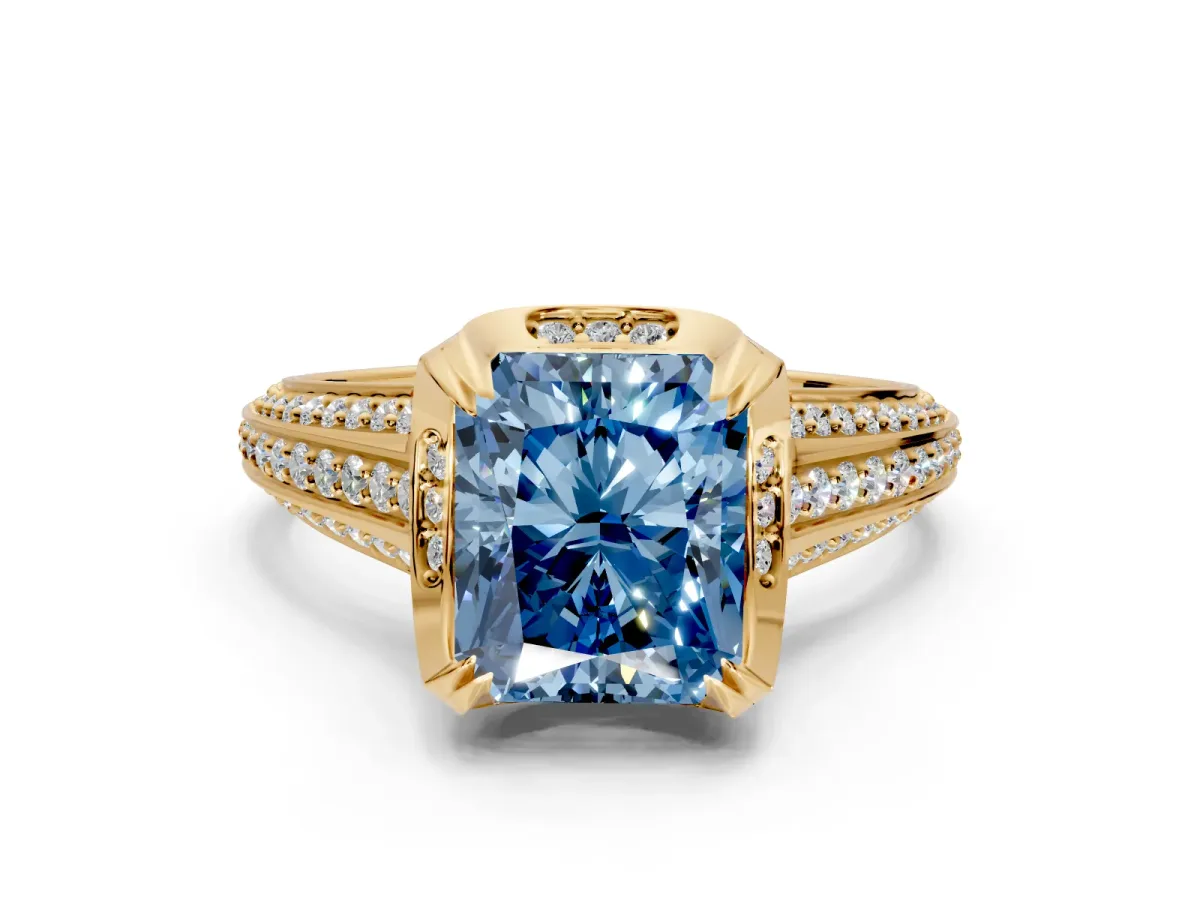 Solitaire Engagement Ring Setting for Fancy Blue Radiant Cut Center with Accented Split Shank and Prong Head in Yellow Gold